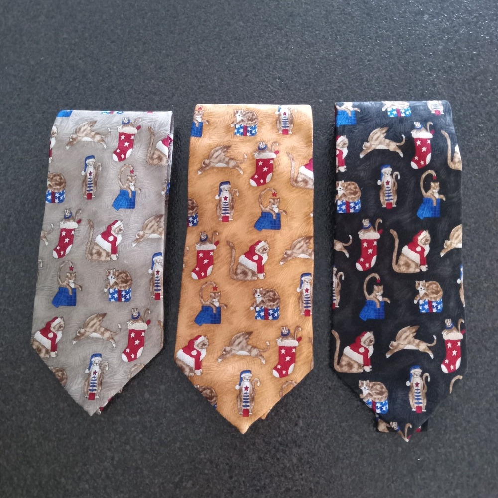 J.Z. Richards Handmade All Silk Christmas Kittens Necktie Lot 0f 3